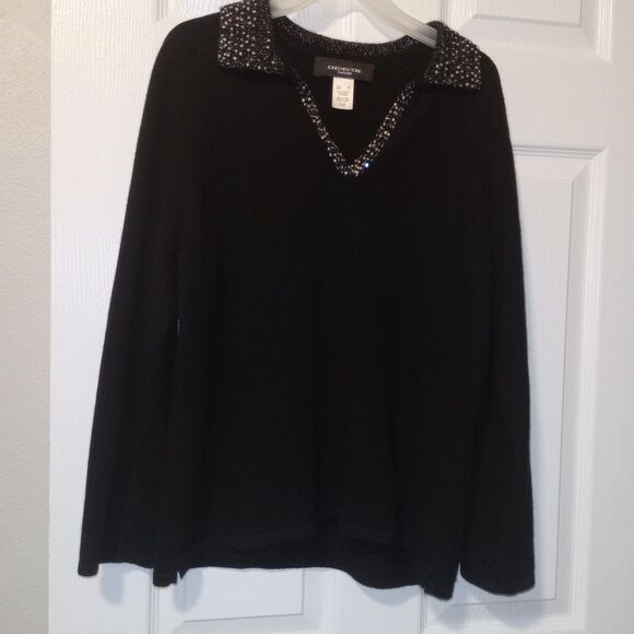 Jones New York 100% Cashmere Women Cardigan Sweater M Black Preppy Sequins - Picture 1 of 4